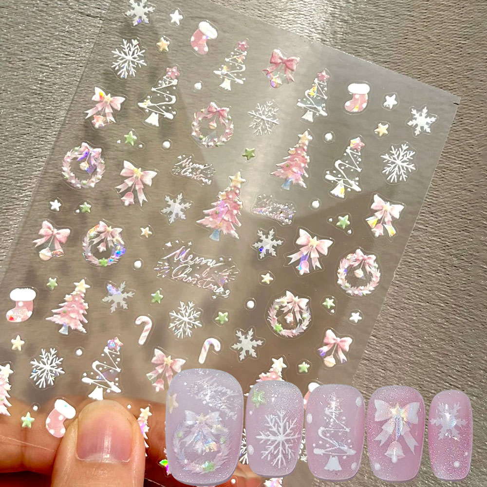 Nail Art Xmas Stickers - 1 шт., розовая рождественская елка, бант,
