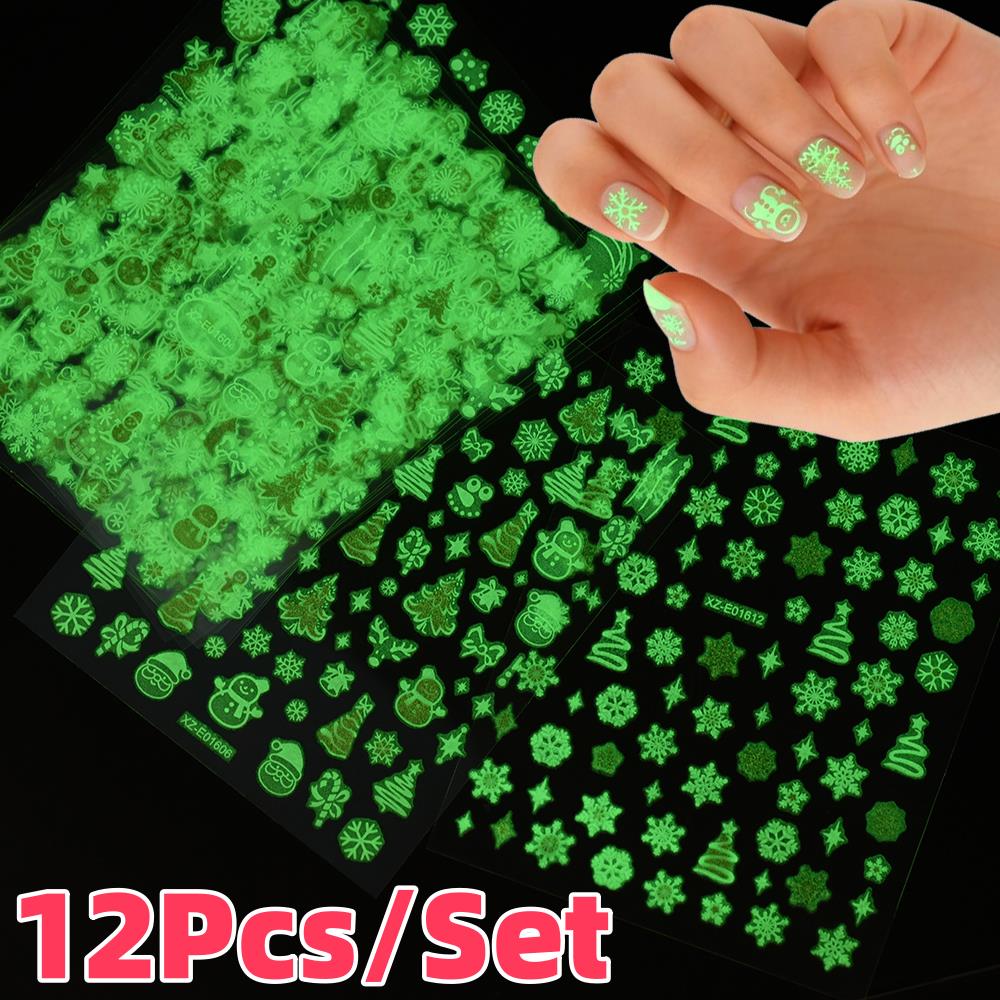 Nail Art Xmas Stickers - 12 шт./компл. 3D светящиеся рождественские снежинки